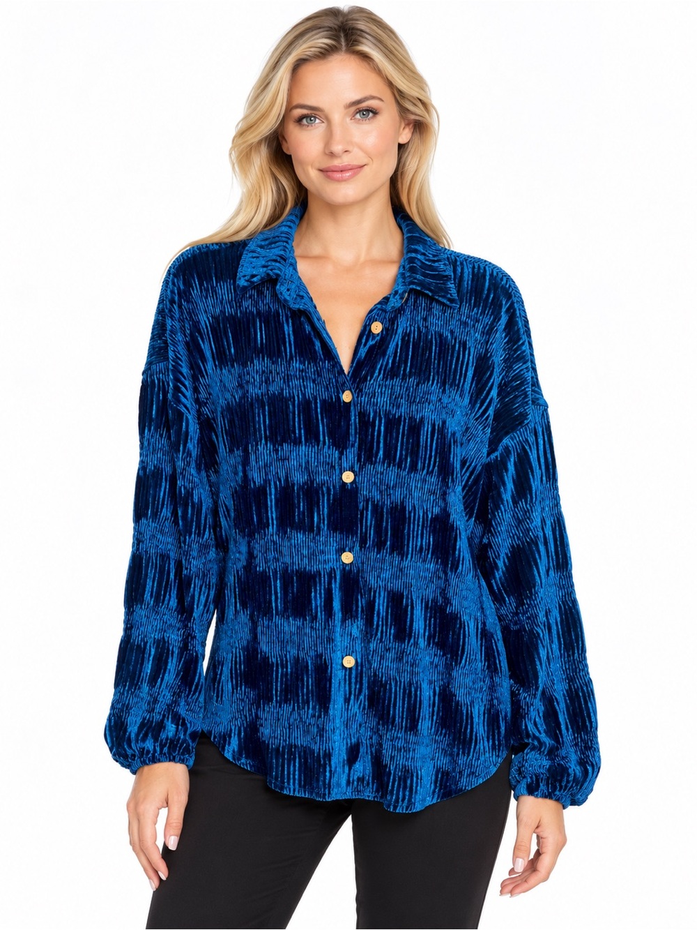 Umgee NWT Size Small Velvet Button-Front Shirt - Blue